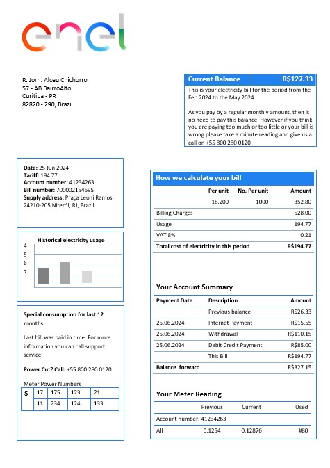 Brazil ENEL electricity business utility bill template in Word and PDF format